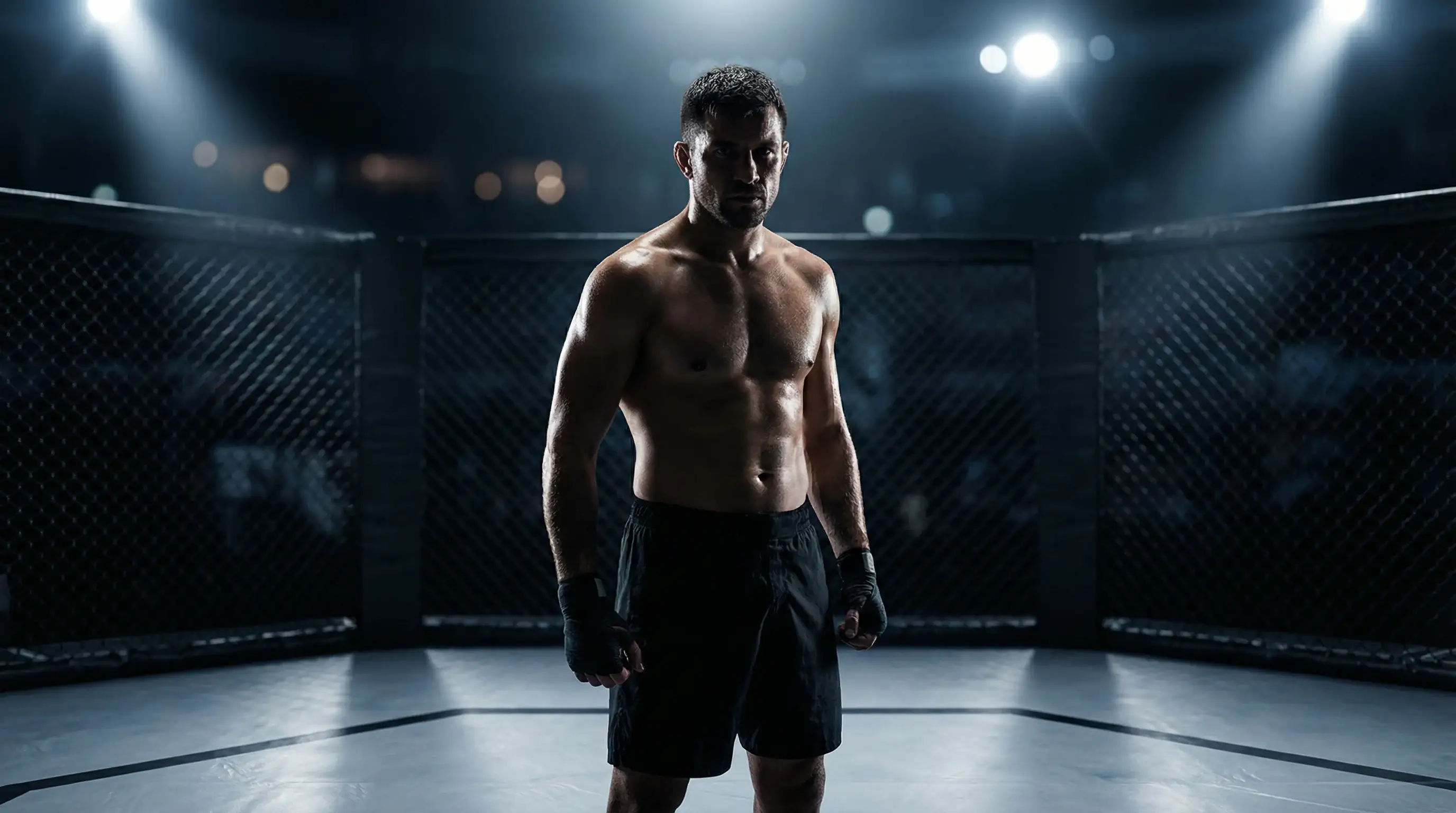 MMA-Kämpfer im beleuchteten UFC-Oktagon vor dramatischem Hintergrund