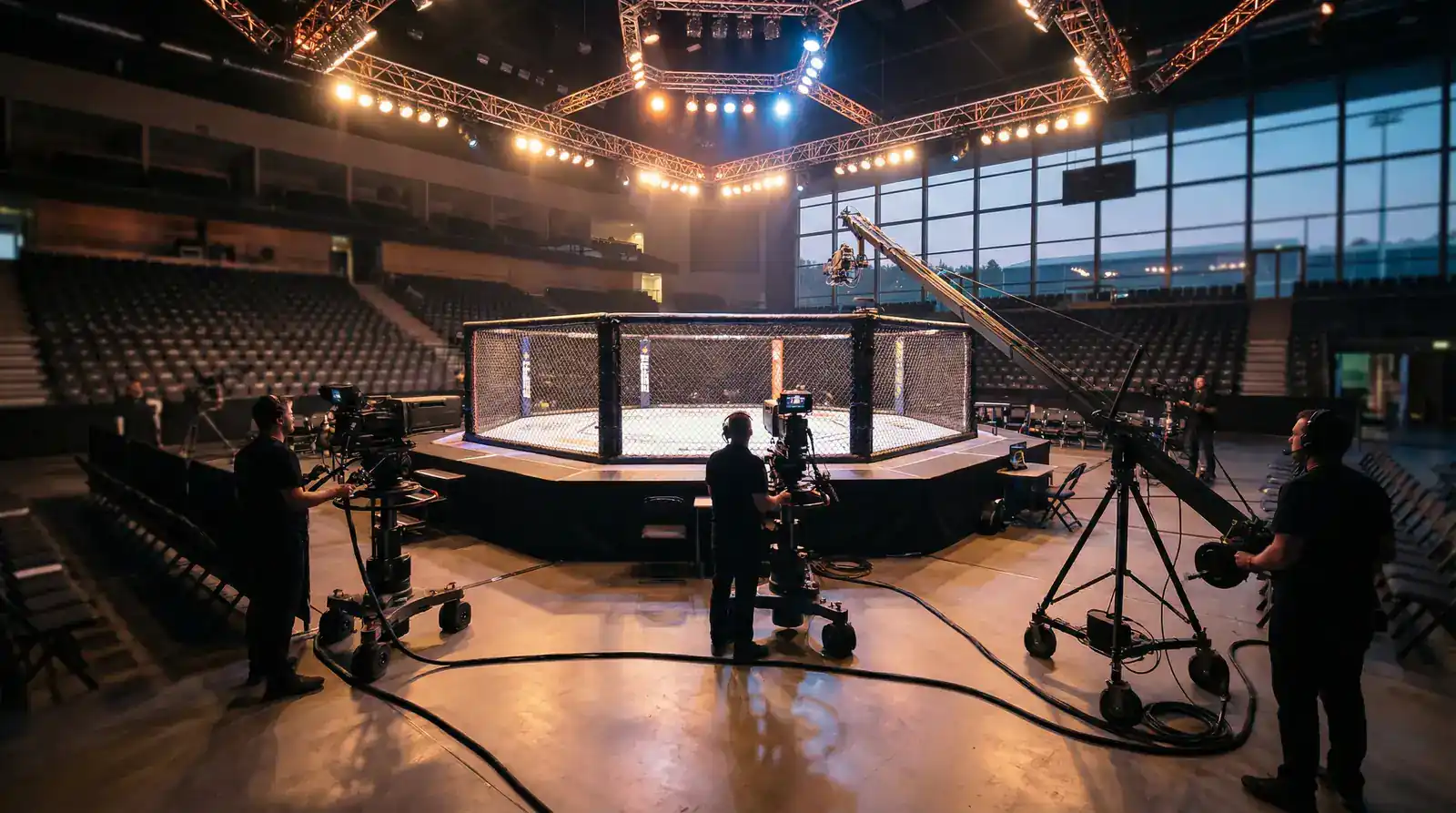 UFC-Arena mit Kameras und Übertragungstechnik für das Paramount-Medienrechtepaket