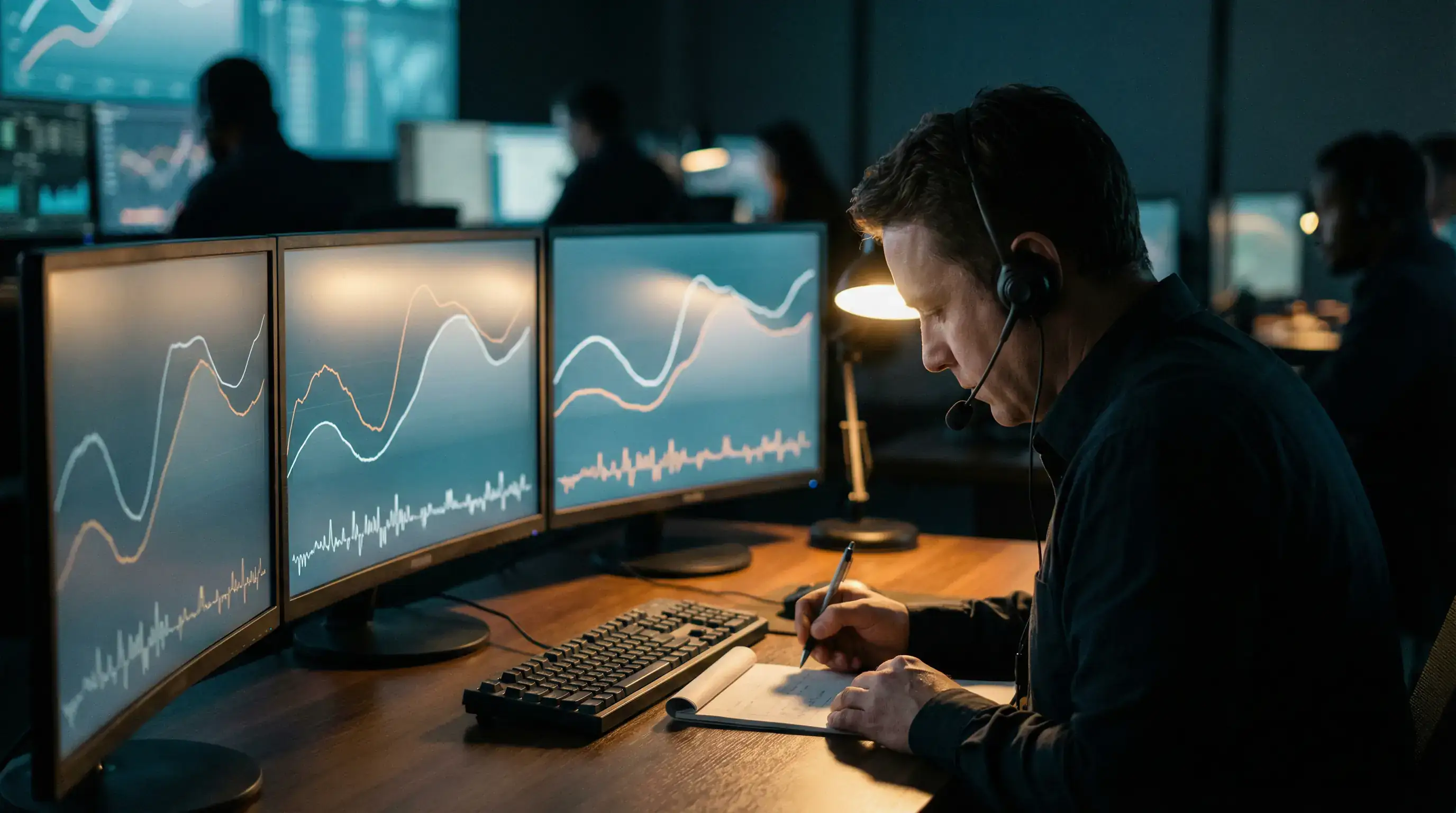 Analyst am Monitoring-Arbeitsplatz mit Datenkurven zur Überwachung von UFC-Wettalarmen